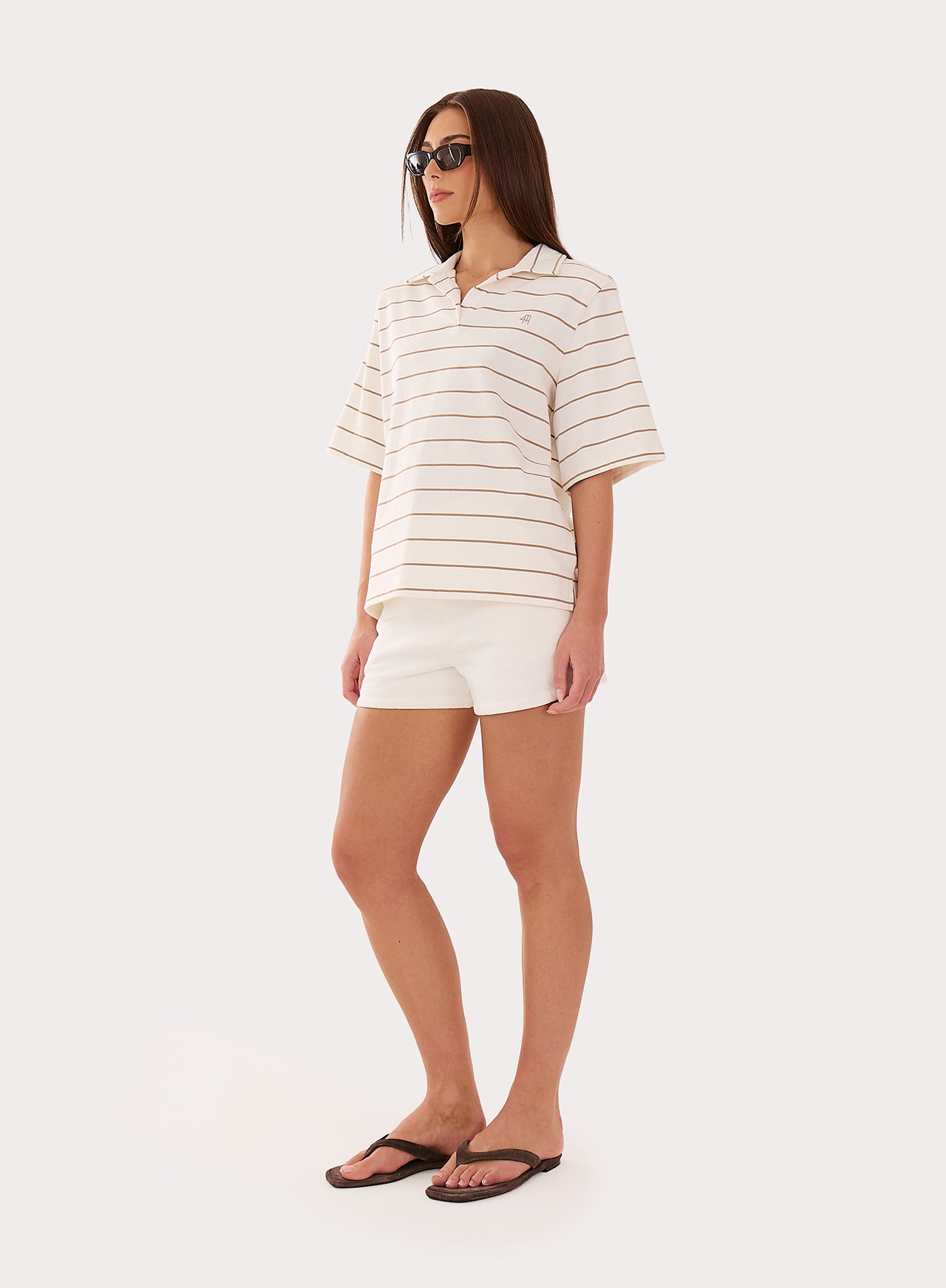 Cream And Beige Stripe Shoulder Pad Polo Top